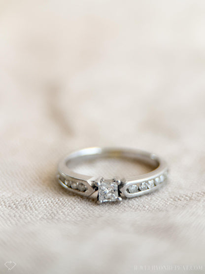 Vintage Diamond Engagement Ring, Princess Cut, 10k White Gold, 1990s Channel Set Design