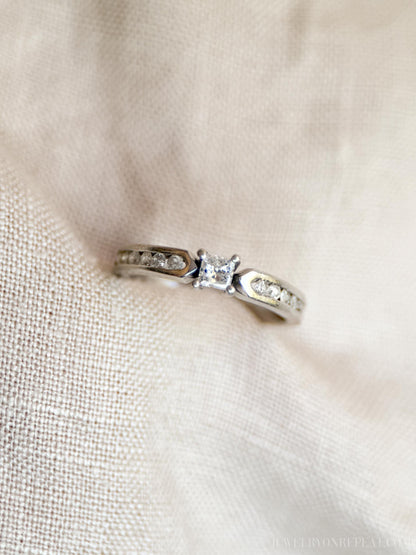Vintage Diamond Engagement Ring, Princess Cut, 10k White Gold, 1990s Channel Set Design