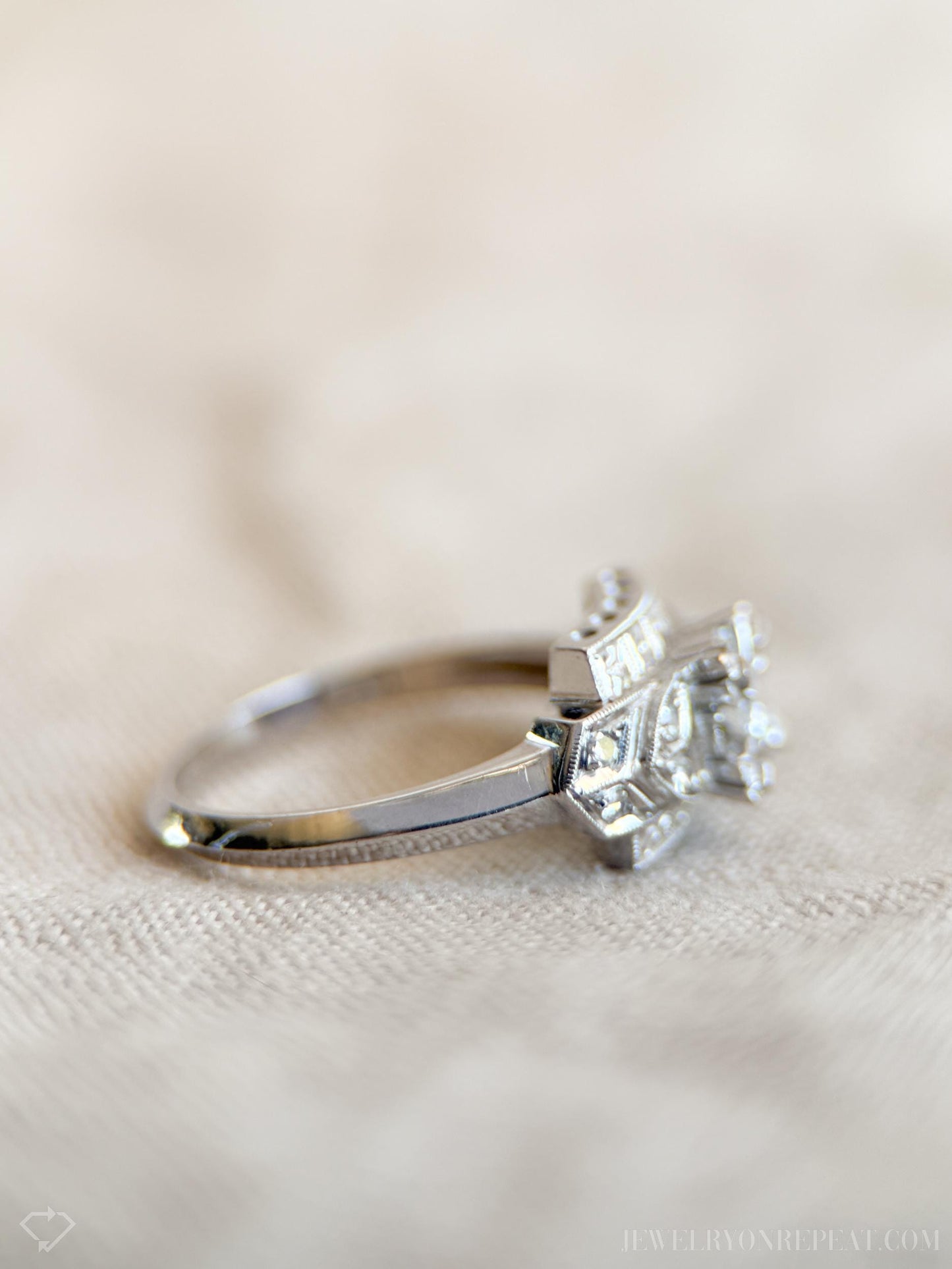 Vintage Diamond Engagement Ring, Old European Cut, 14k White Gold, 1940s Art Deco Setting