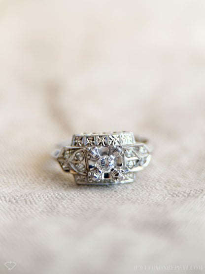 Vintage Diamond Engagement Ring, Old European Cut, 14k White Gold, 1940s Art Deco Setting