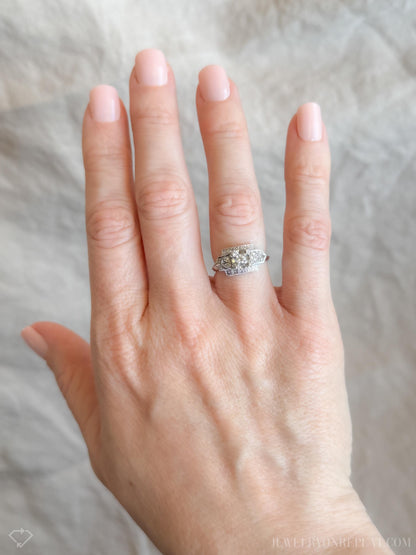 Vintage Diamond Engagement Ring, Old European Cut, 14k White Gold, 1940s Art Deco Setting