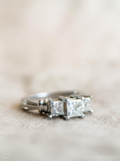 Vintage Diamond Engagement Ring, Princess Cut, Platinum, Three Stone Bridal Ring, IGI Certified