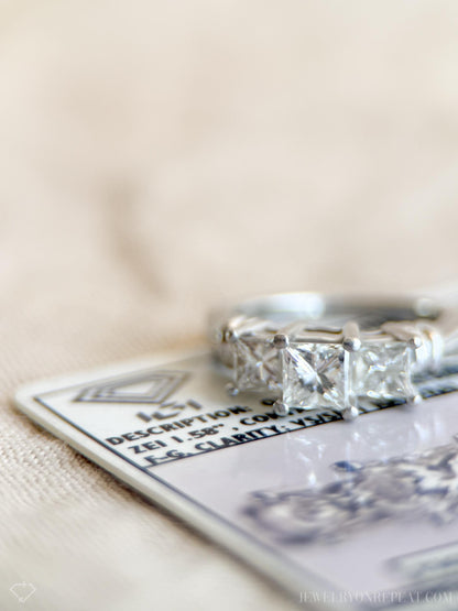 Vintage Diamond Engagement Ring, Princess Cut, Platinum, Three Stone Bridal Ring, IGI Certified