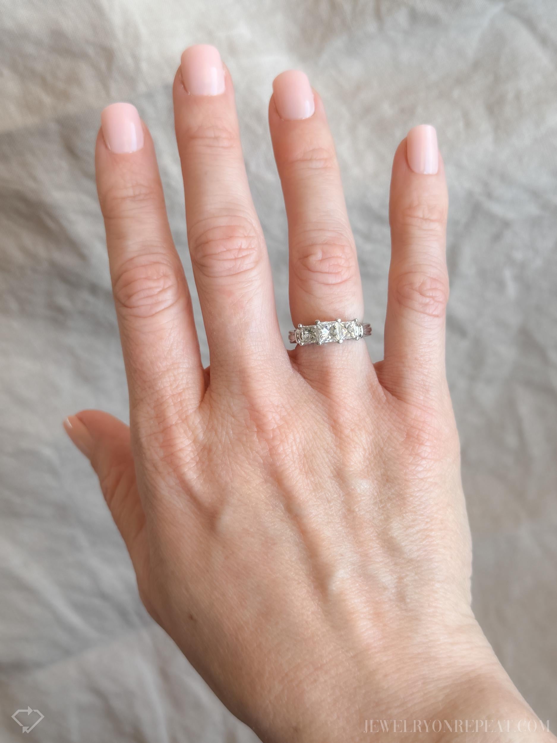 Vintage Princess Cut Diamond Three Stone Engagement Ring in Platinum - Retro 2000s Jewelry - Timeless, Sustainable, @JewelryOnRepeat
