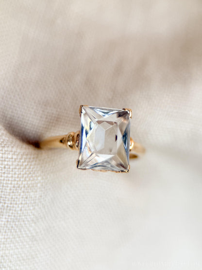 Vintage 1940s White Quartz Engagement Ring, 10k Gold Radiant Cut Gemstone Bridal Jewelry • One-of-a-kind