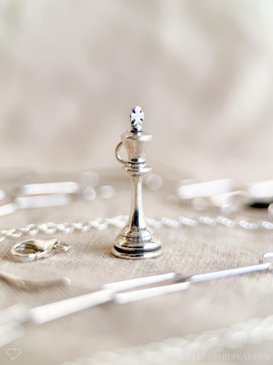 Sterling Silver Chess King Charm Pendant, Chess Themed Minimalist Jewelry, Gift for Her