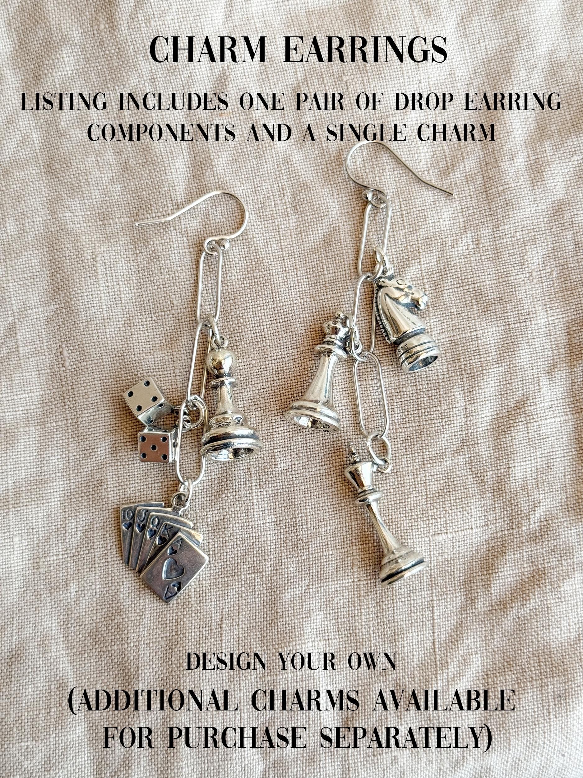 King Chess Piece Charm Earrings in Solid Sterling Silver, Board Games Themed Custom Charm Jewelry - Timeless, Sustainable, @JewelryOnRepeat