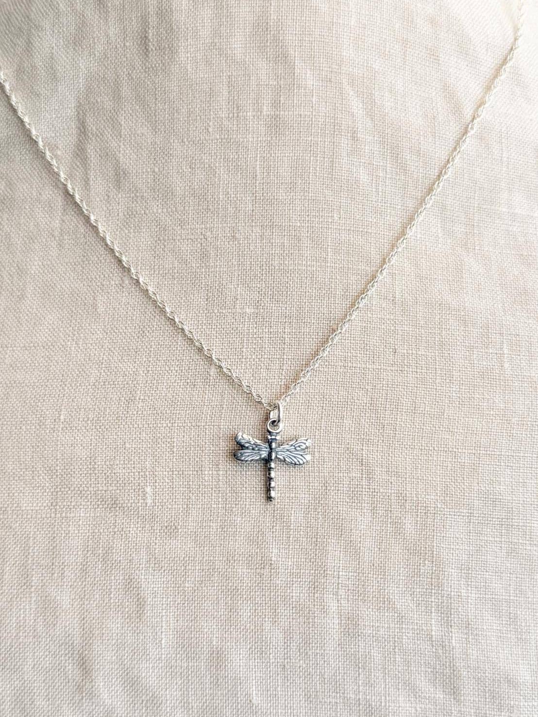Sterling Silver Dragonfly Insect Charm Necklace, Minimal Layering Jewelry, Gift for Her