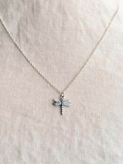 Sterling Silver Dragonfly Insect Charm Necklace, Minimal Layering Jewelry, Gift for Her