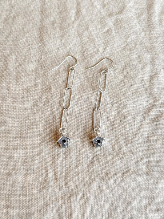 Birdhouse Charm Earrings in Solid Sterling Silver, Birds and Garden Themed Personalized Jewelry - Timeless, Sustainable, @JewelryOnRepeat