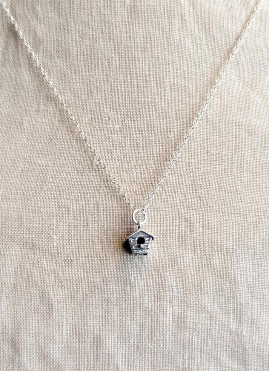 Sterling Silver Birdhouse Garden Charm Necklace, Minimal Layering Jewelry, Gift for Her