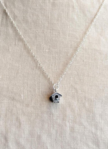 Sterling Silver Birdhouse Garden Charm Necklace, Minimal Layering Jewelry, Gift for Her