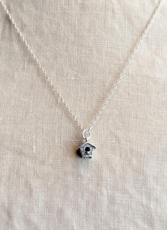 Sterling Silver Birdhouse Garden Charm Necklace, Minimal Layering Jewelry, Gift for Her