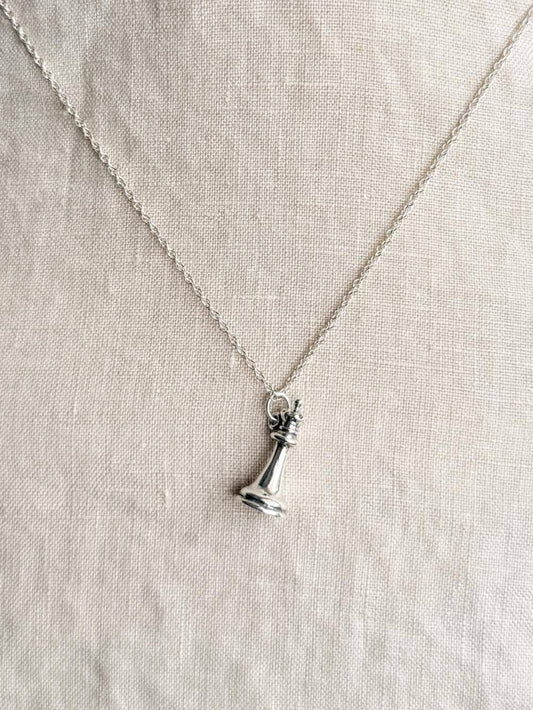 Queen Chess Piece Necklace in Solid Sterling Silver, Board Games Themed Fine Jewelry Charms - Timeless, Sustainable, @JewelryOnRepeat