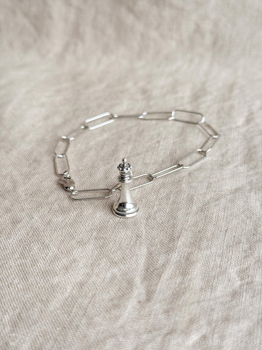 Queen Chess Piece Charm Bracelet in Solid Sterling Silver, Board Games Themed Fine Jewelry Charms - Timeless, Sustainable, @JewelryOnRepeat