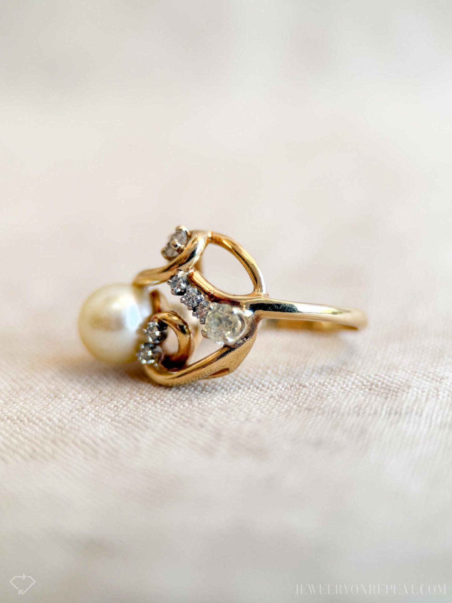 Vintage Pearl and Diamond Engagement Ring, 14k Gold, 1920s Art Nouveau Cluster Bridal Ring