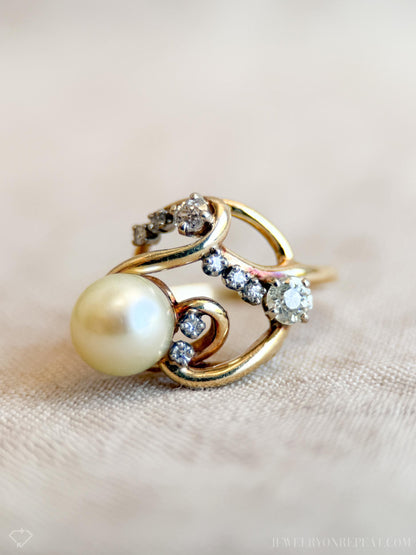 Vintage Pearl and Diamond Engagement Ring, 14k Gold, 1920s Art Nouveau Cluster Bridal Ring
