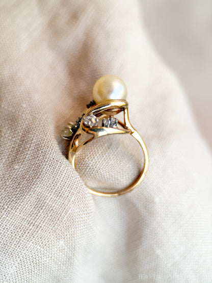Vintage Pearl and Diamond Engagement Ring, 14k Gold, 1920s Art Nouveau Cluster Bridal Ring