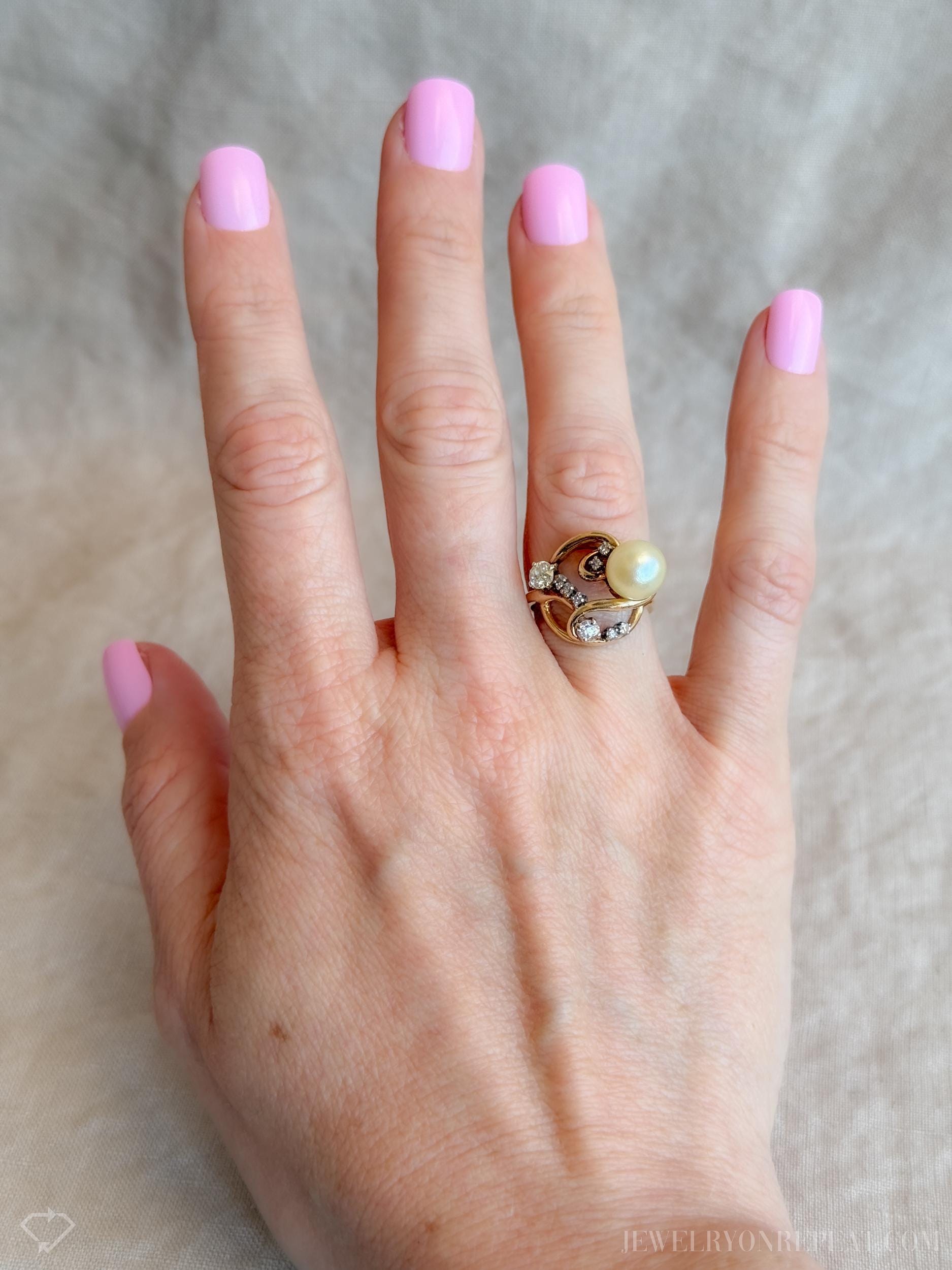 Vintage Pearl and Diamond Engagement Ring, 14k Gold, 1920s Art Nouveau Cluster Bridal Ring