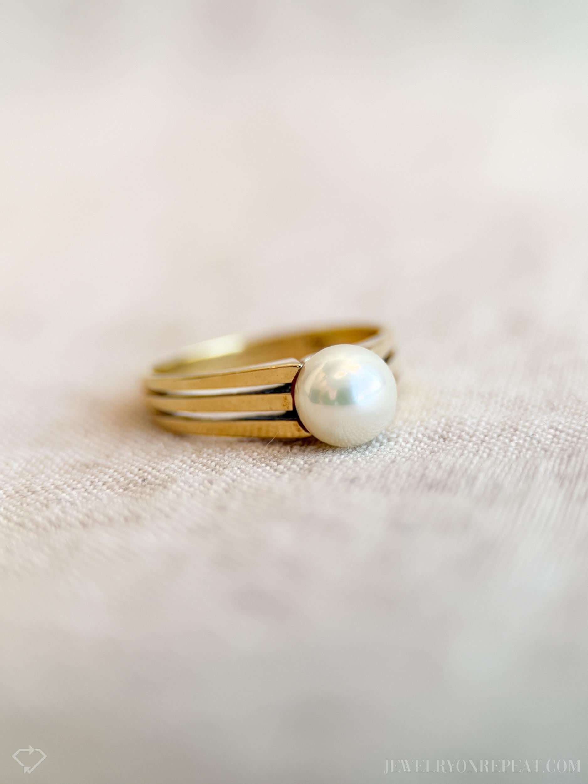 Vintage Pearl Engagement Ring, 14k Gold, 1980s Solitaire Bridal Ring