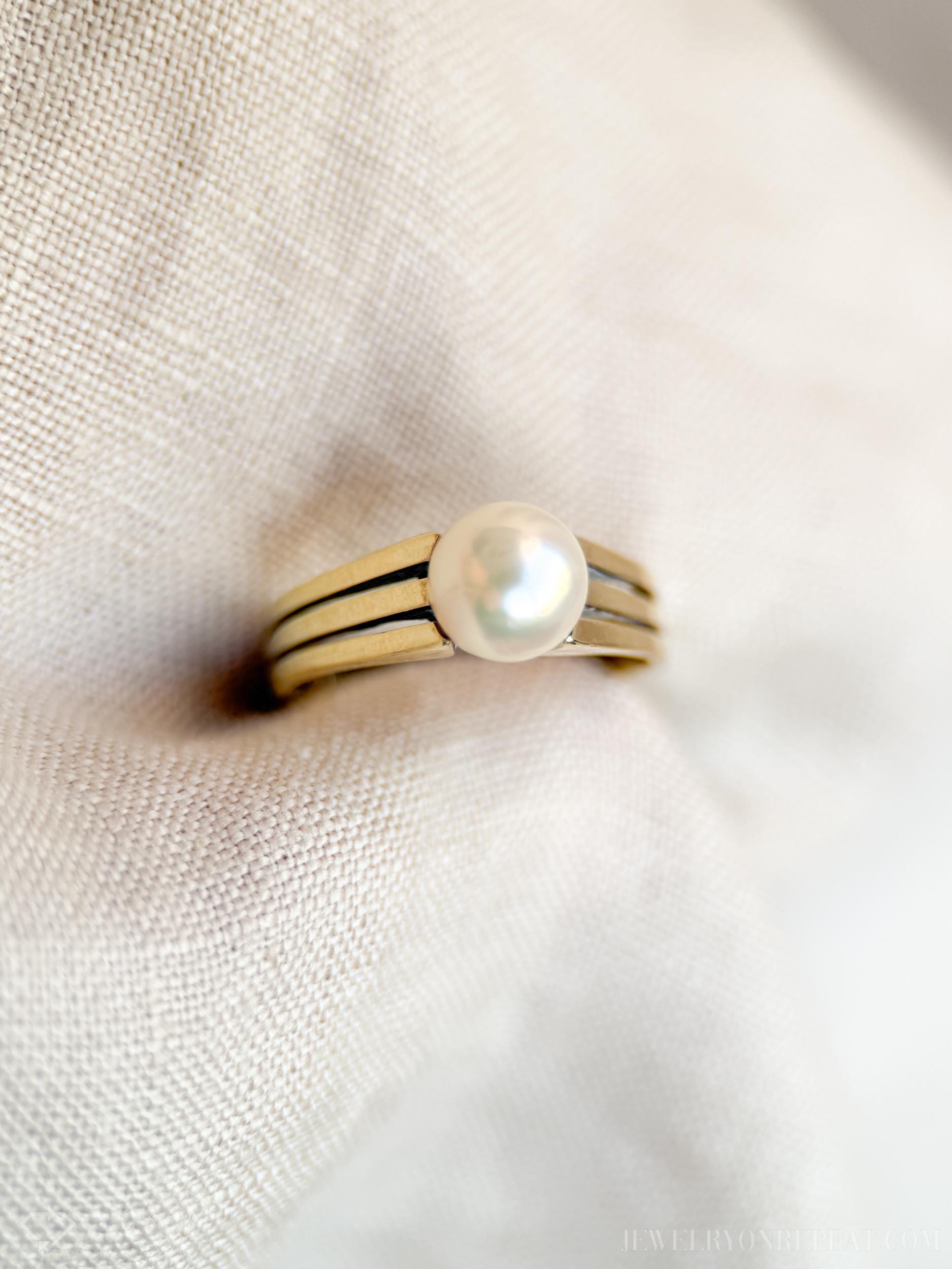 Vintage Pearl Engagement Ring, 14k Gold, 1980s Solitaire Bridal Ring
