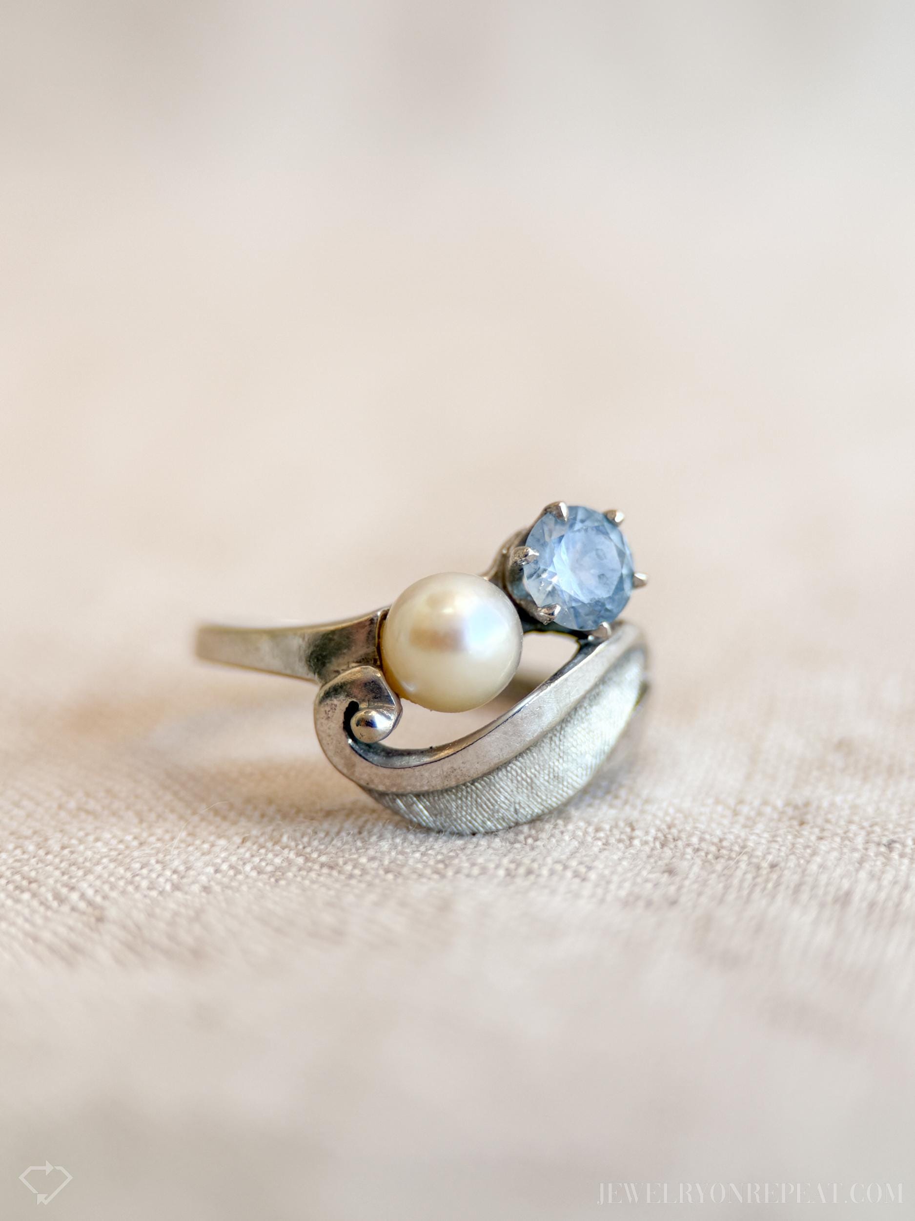 Vintage 1970s Pearl & Blue Spinel Ring, 10k White Gold