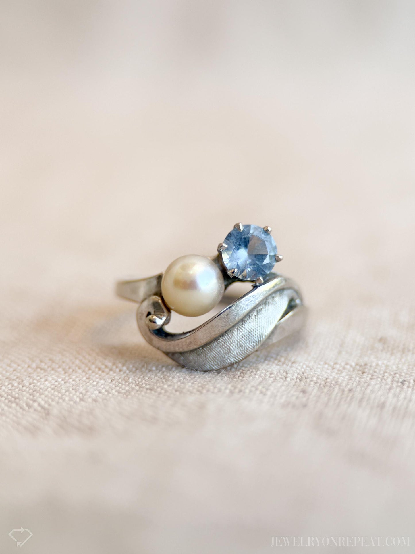 Vintage 1970s Pearl & Blue Spinel Ring, 10k White Gold