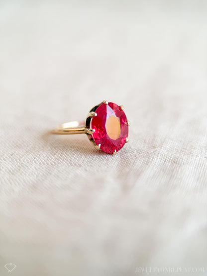 Vintage Ruby Solitaire Ring, 14k Gold, Oval Cut Mid-Century Statement Ring, 1950s Bold Jewelry