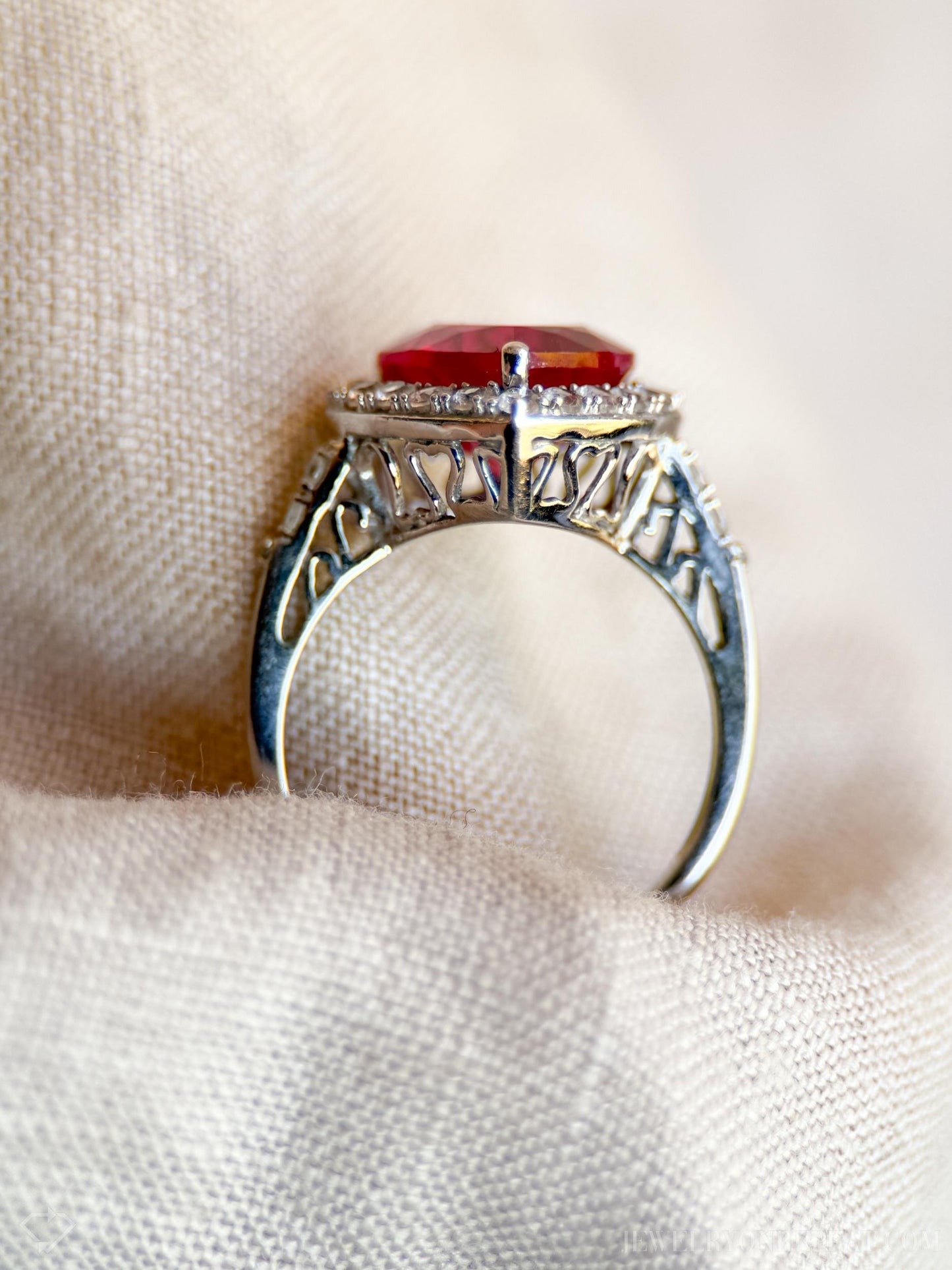 Vintage Heart Cut Ruby Halo Ring in 10k White Gold, Antique Jewelry from the 1990s - Timeless, Sustainable, @JewelryOnRepeat