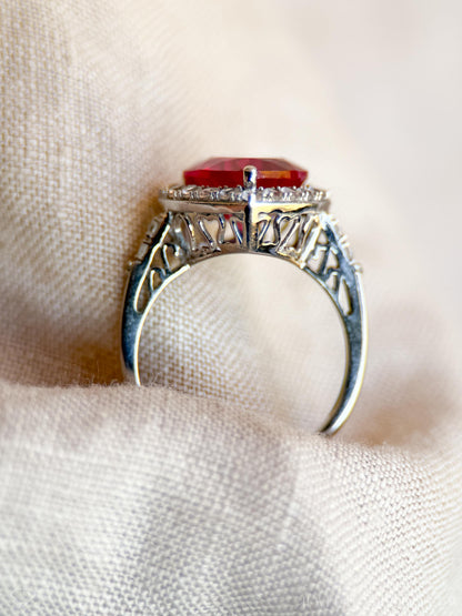 Vintage 1990s Heart Cut Ruby Engagement Ring, 10k White Gold, Halo Design • One-of-a-Kind Jewelry