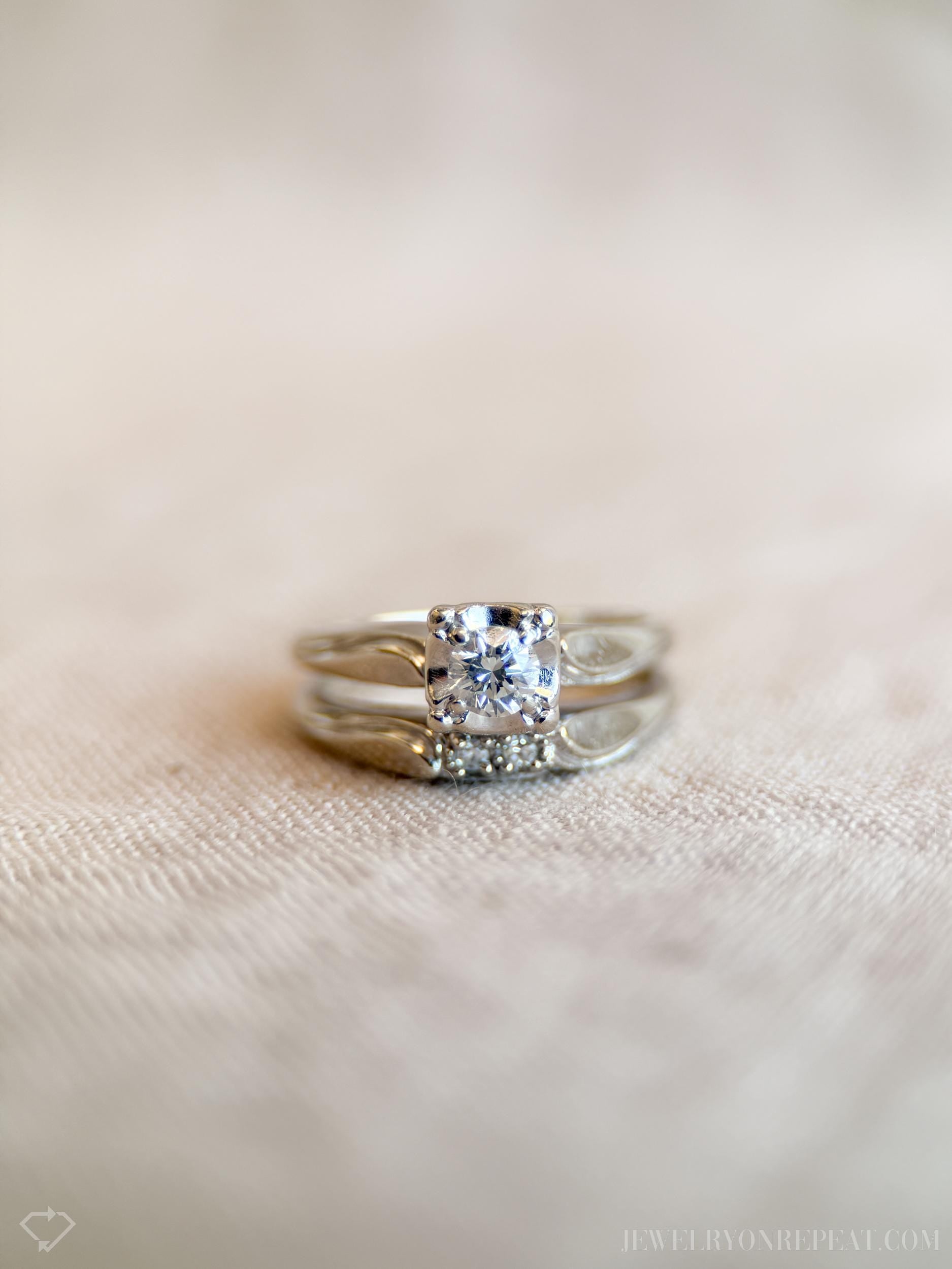Vintage Diamond Bridal Set, Solitaire Engagement Ring and Wedding Band in 14k White Gold - Timeless, Sustainable, @JewelryOnRepeat
