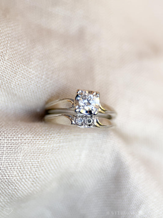 Vintage Diamond Bridal Set, Solitaire Engagement Ring and Wedding Band in 14k White Gold - Timeless, Sustainable, @JewelryOnRepeat