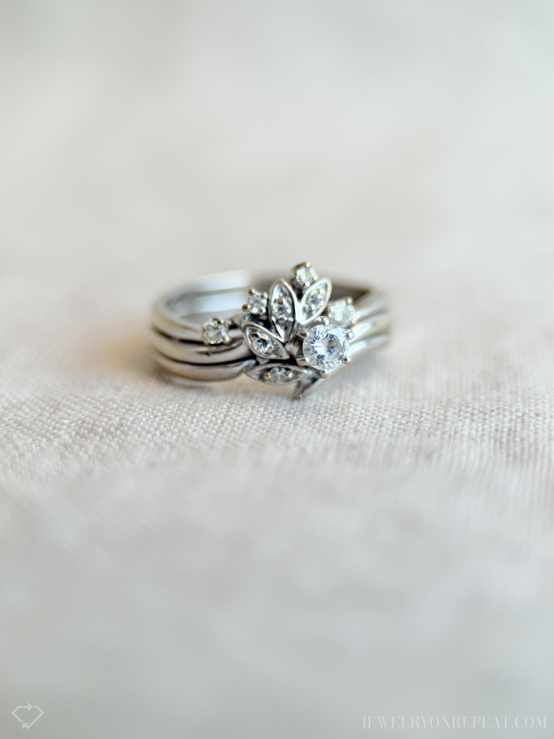 Vintage Diamond Engagement and Wedding Ring Floral Bridal Set in 14k White Gold, Retro 1990s Jewelry - Timeless @JewelryOnRepeat
