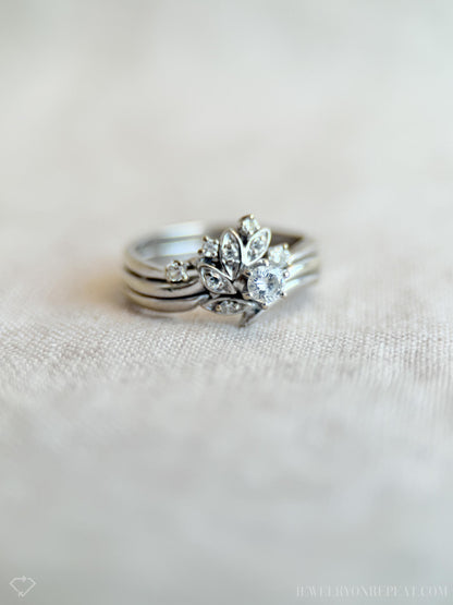 Vintage Diamond Engagement & Wedding Rings, Round Cut, 14k White Gold, 1990s Floral Bridal Set