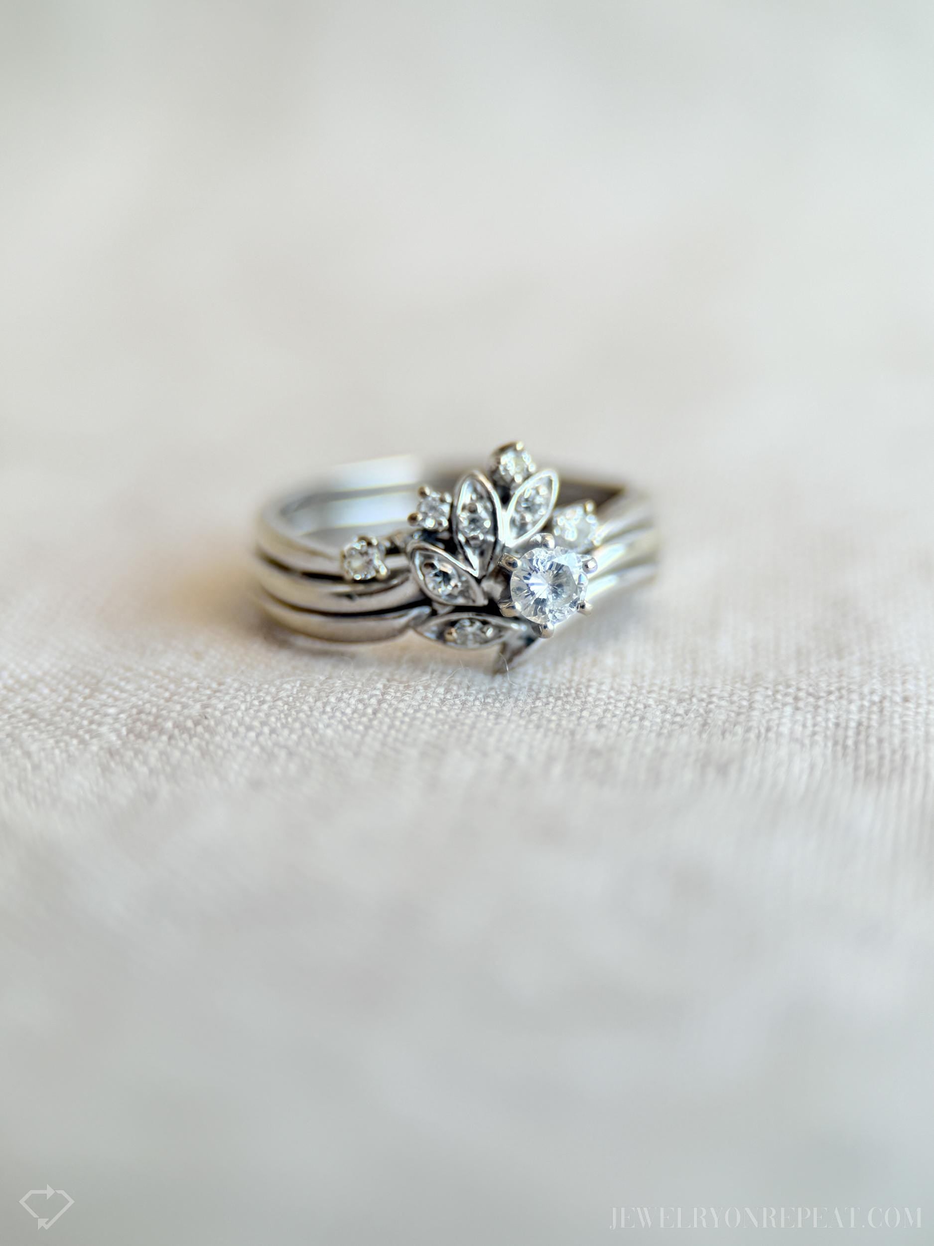 Vintage Diamond Engagement & Wedding Rings, Round Cut, 14k White Gold, 1990s Floral Bridal Set