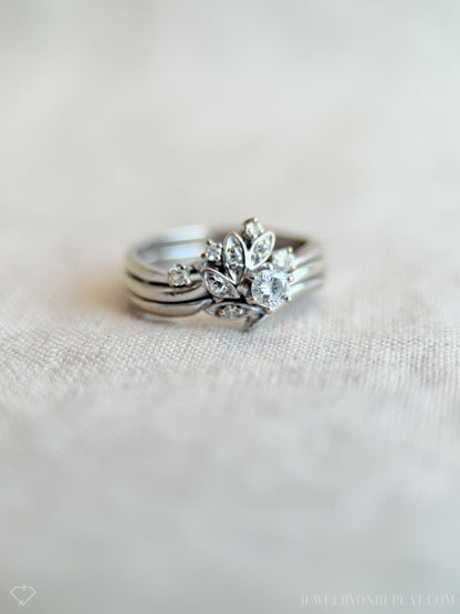 Vintage Diamond Engagement & Wedding Rings, Round Cut, 14k White Gold, 1990s Floral Bridal Set