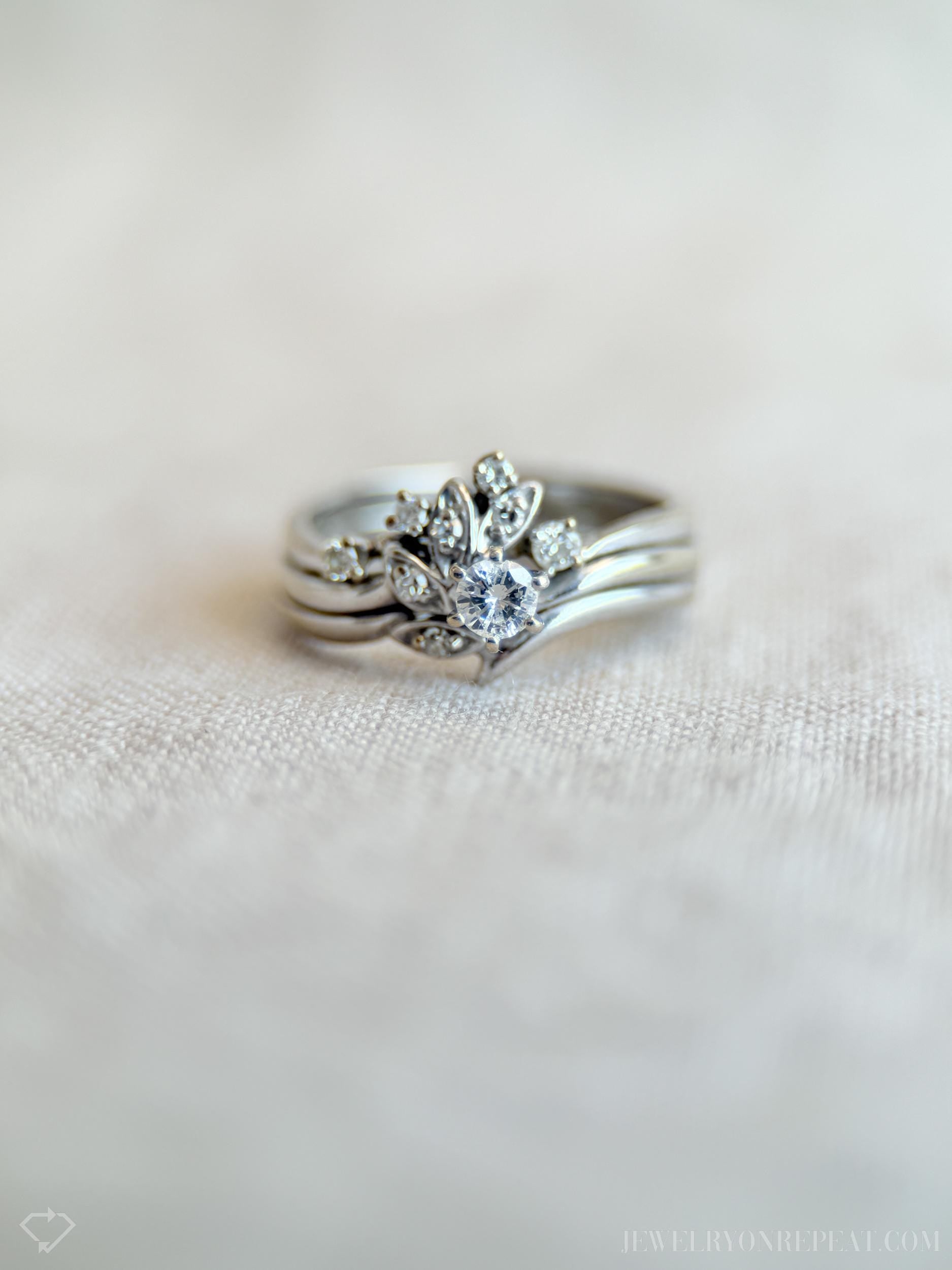 Vintage Diamond Engagement and Wedding Ring Floral Bridal Set in 14k White Gold, Retro 1990s Jewelry - Timeless @JewelryOnRepeat