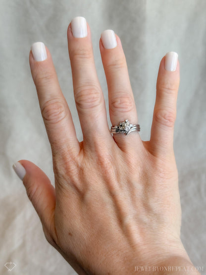 Vintage Diamond Engagement & Wedding Rings, Round Cut, 14k White Gold, 1990s Floral Bridal Set