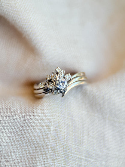 Vintage Diamond Engagement & Wedding Rings, Round Cut, 14k White Gold, 1990s Floral Bridal Set