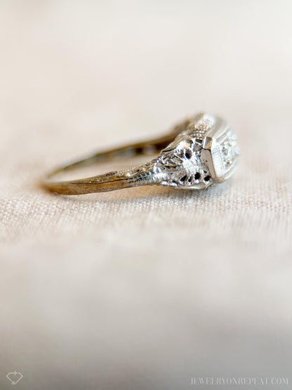 Vintage Diamond Engagement Ring, Round Cut, 14k White Gold, 1950s Three-Stone Filigree Bridal Ring