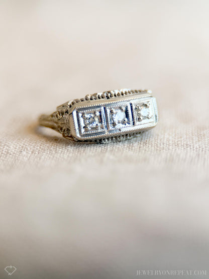 Vintage Diamond Engagement Ring, Round Cut, 14k White Gold, 1950s Three-Stone Filigree Bridal Ring