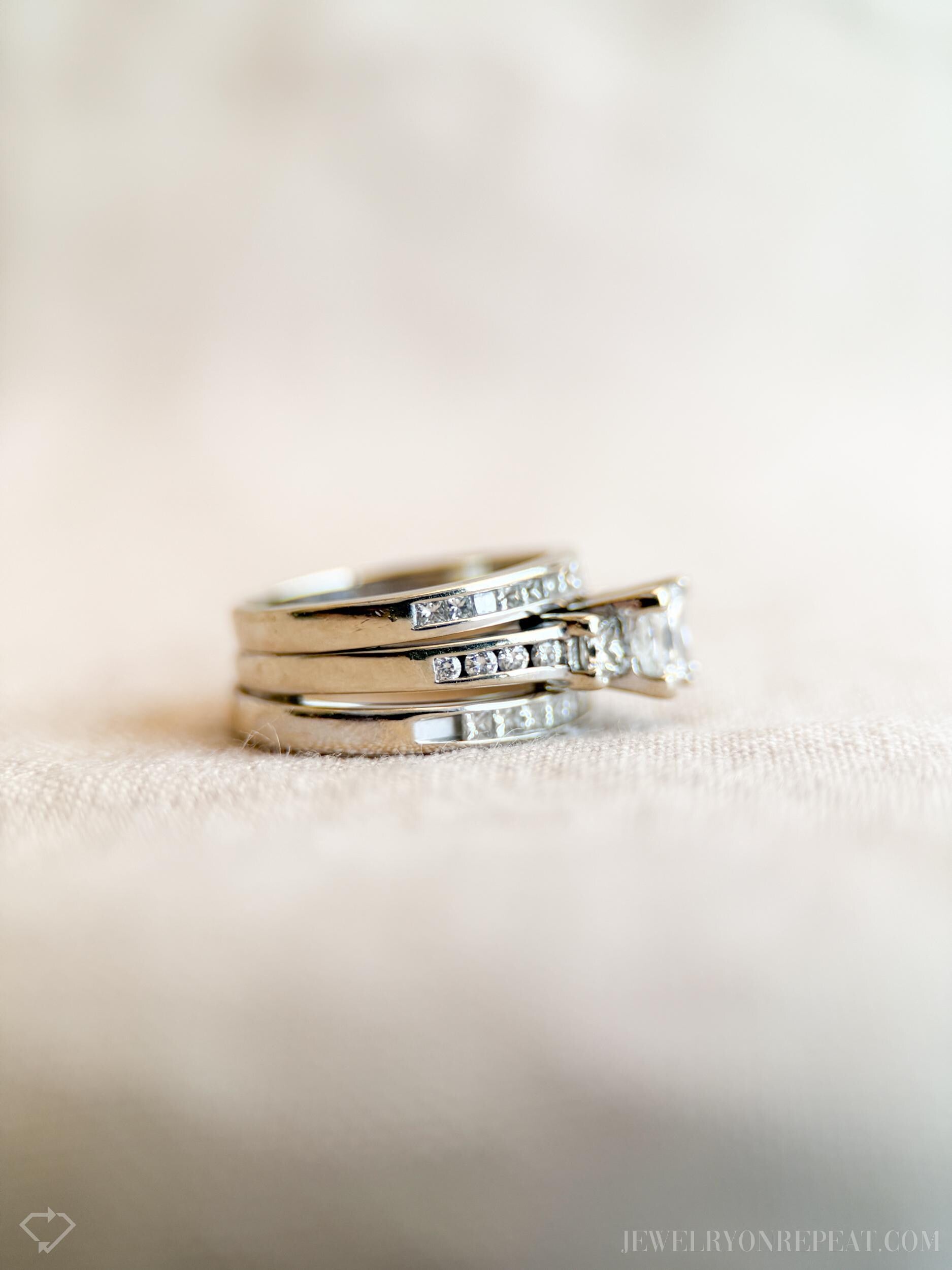 Vintage Three Stone Princess Cut Diamond Engagement Ring and Wedding Band Set in 14k White Gold, 90s Jewelry - Sustainable, @JewelryOnRepeat