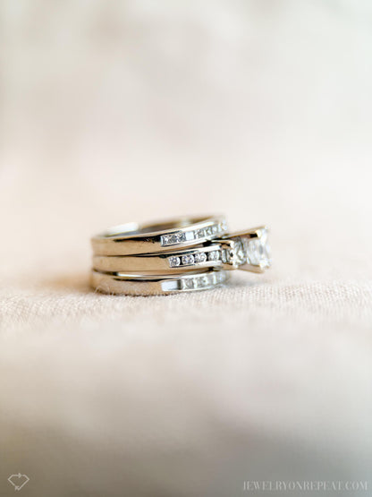 Vintage Diamond Engagement & Wedding Rings, Princess Cut, 14k White Gold, 1990s Channel Bridal Set