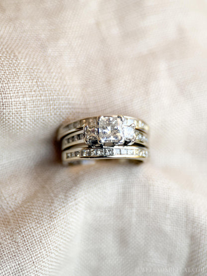 Vintage Diamond Engagement & Wedding Rings, Princess Cut, 14k White Gold, 1990s Channel Bridal Set