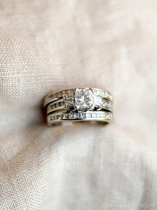Vintage Three Stone Princess Cut Diamond Engagement Ring and Wedding Band Set in 14k White Gold, 90s Jewelry - Sustainable, @JewelryOnRepeat