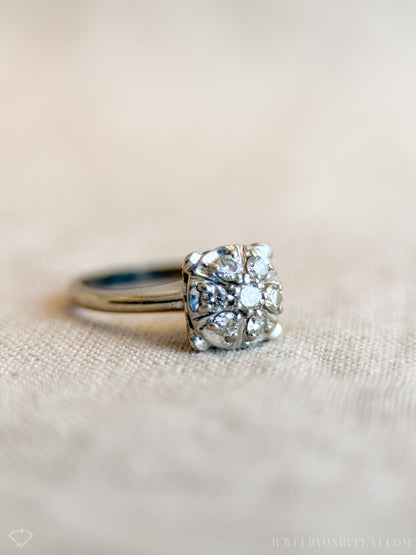 Vintage Diamond Engagement Ring, Round Cut, 14k White Gold, 1950s Halo Cluster Bridal Ring