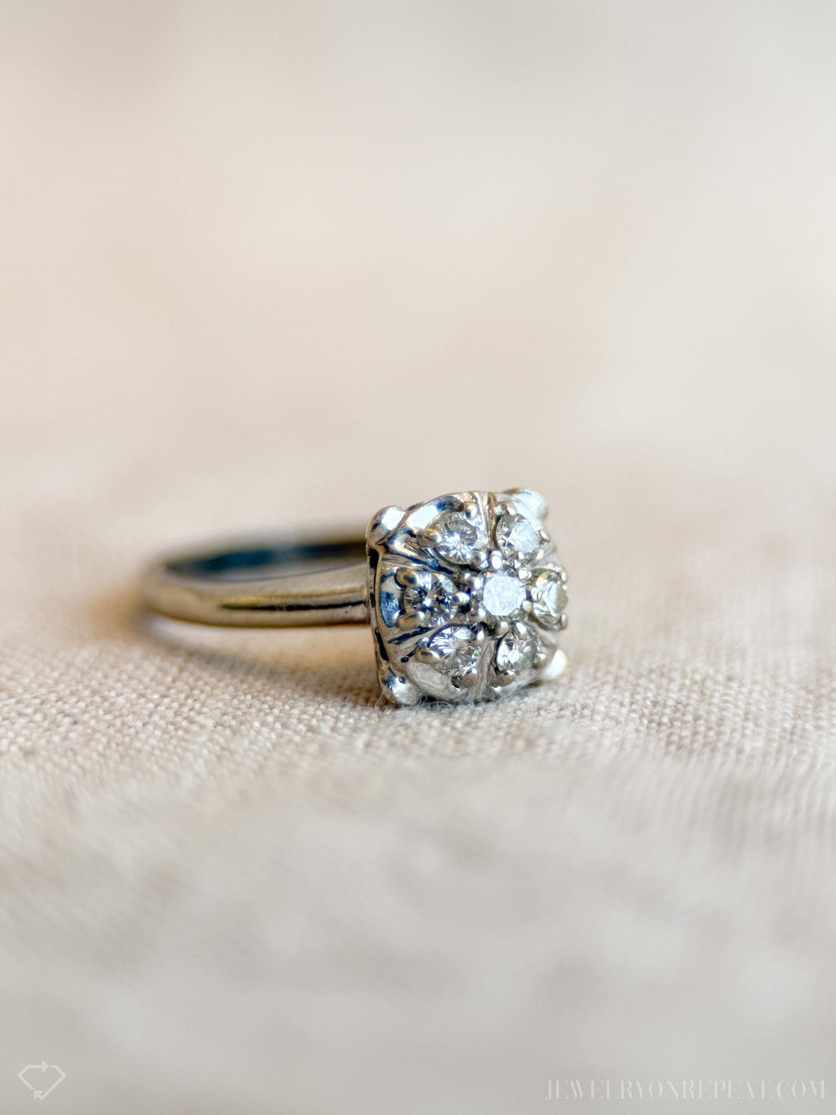 Vintage Diamond Engagement Ring, Round Cut, 14k White Gold, 1950s Halo Cluster Bridal Ring