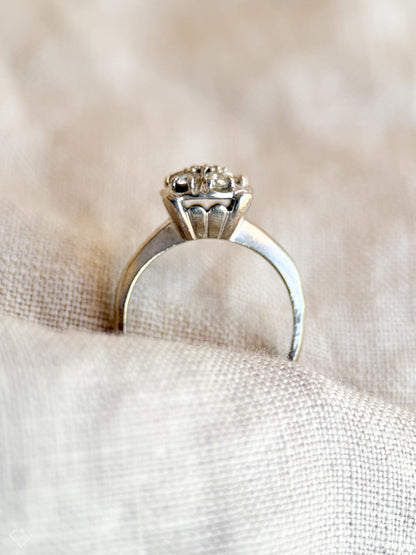 Vintage Diamond Engagement Ring, Round Cut, 14k White Gold, 1950s Halo Cluster Bridal Ring