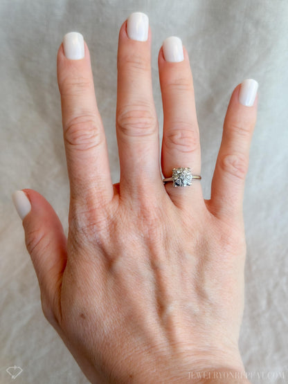 Vintage Diamond Engagement Ring, Round Cut, 14k White Gold, 1950s Halo Cluster Bridal Ring