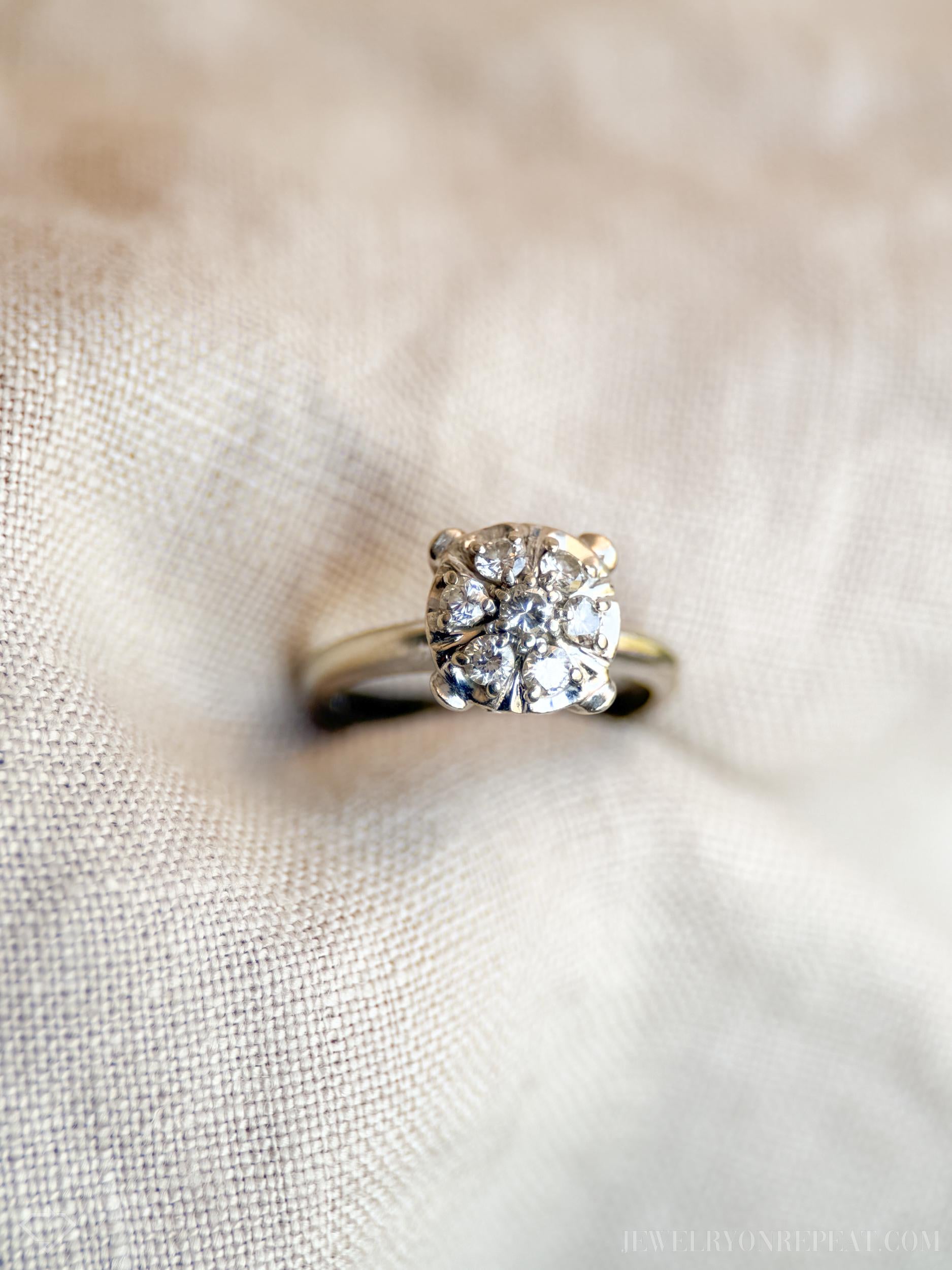Vintage Art Deco Cluster Diamond Engagement Ring in 14k White Gold, Antique Jewelry from the 1950s - Timeless, Sustainable, @JewelryOnRepeat